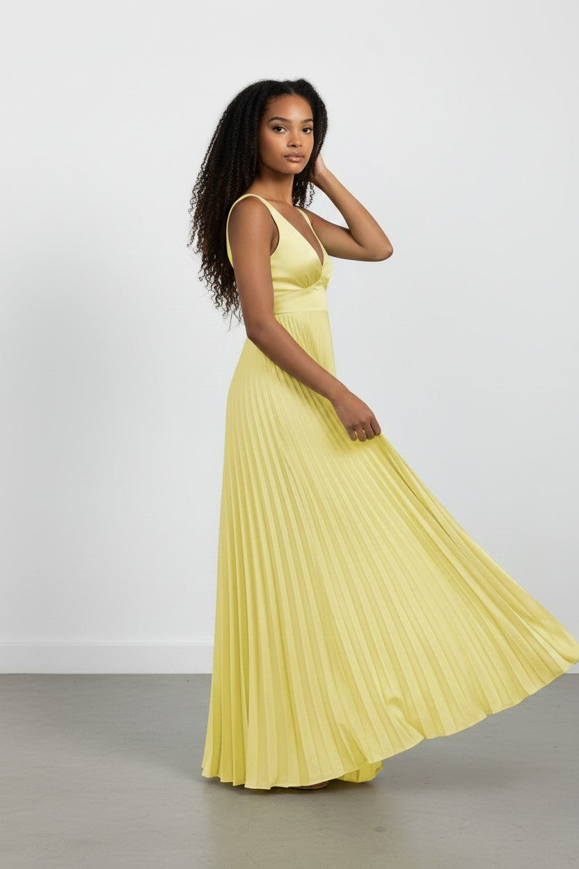 Emily | Pleated Satin Maxi Dress with V-Neck for Women