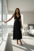Florence | Pleated V-Neck Cutout Midi Dress for Women